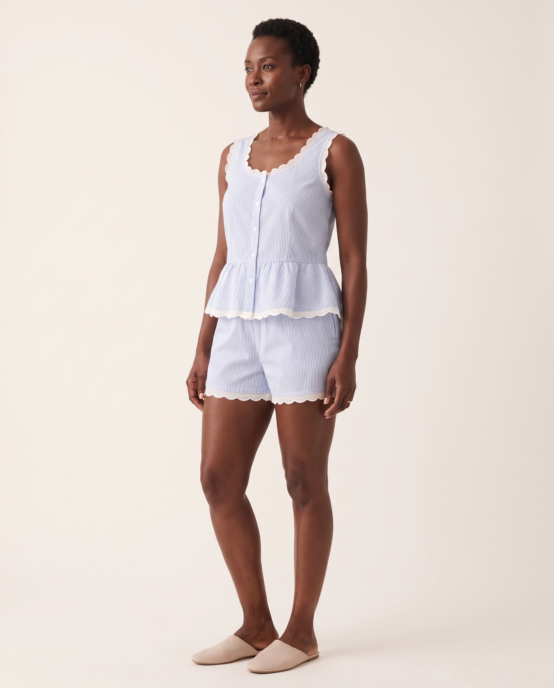 Bluebell Striped Lace-Trim Pyjama Short Set – three-quarter view