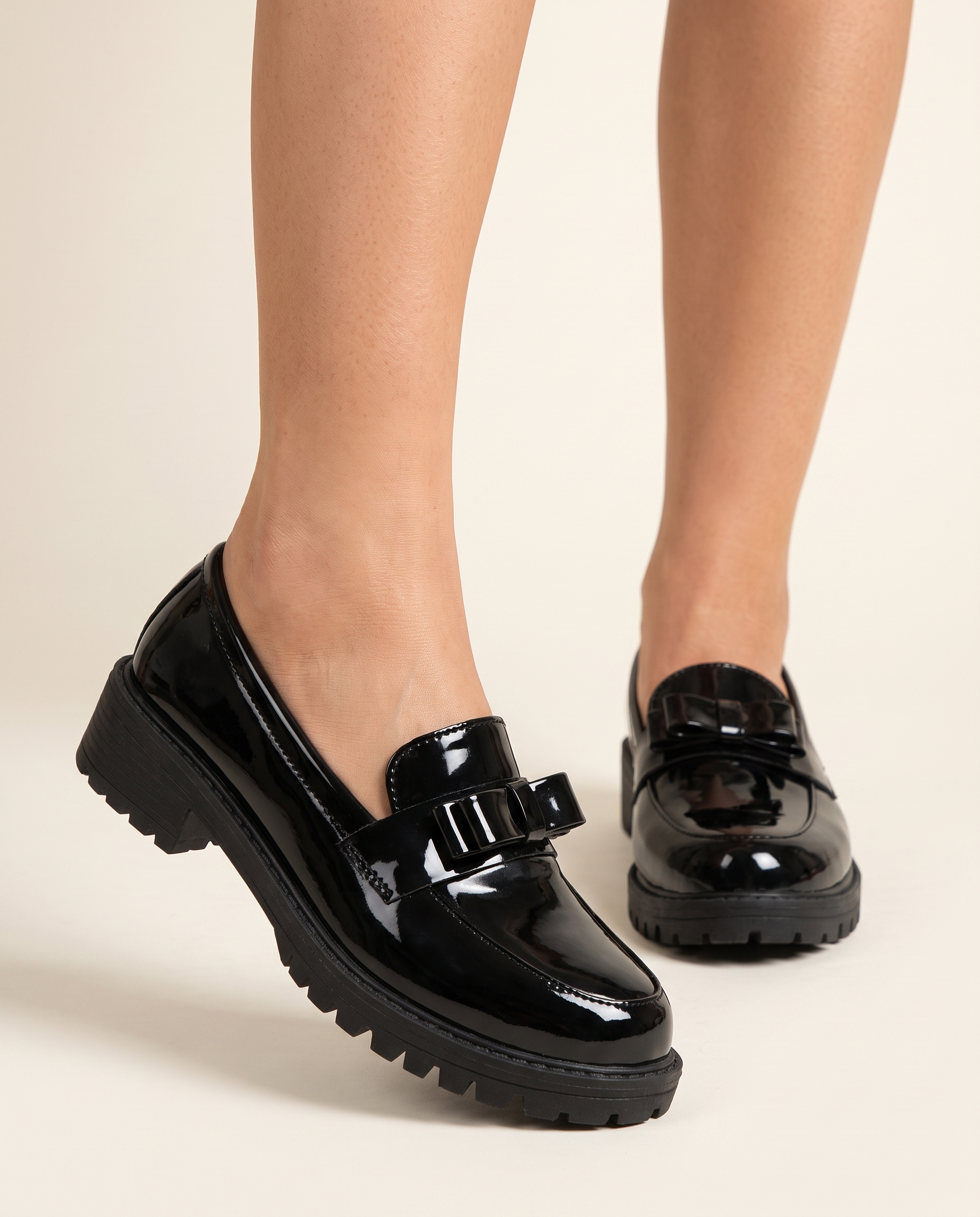 Classic Low-Heel Bow-Detail Patent Loafers — Australian studio lifestyle view