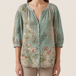 Brielle | Floral Button-Front Blouse — Green — studio front