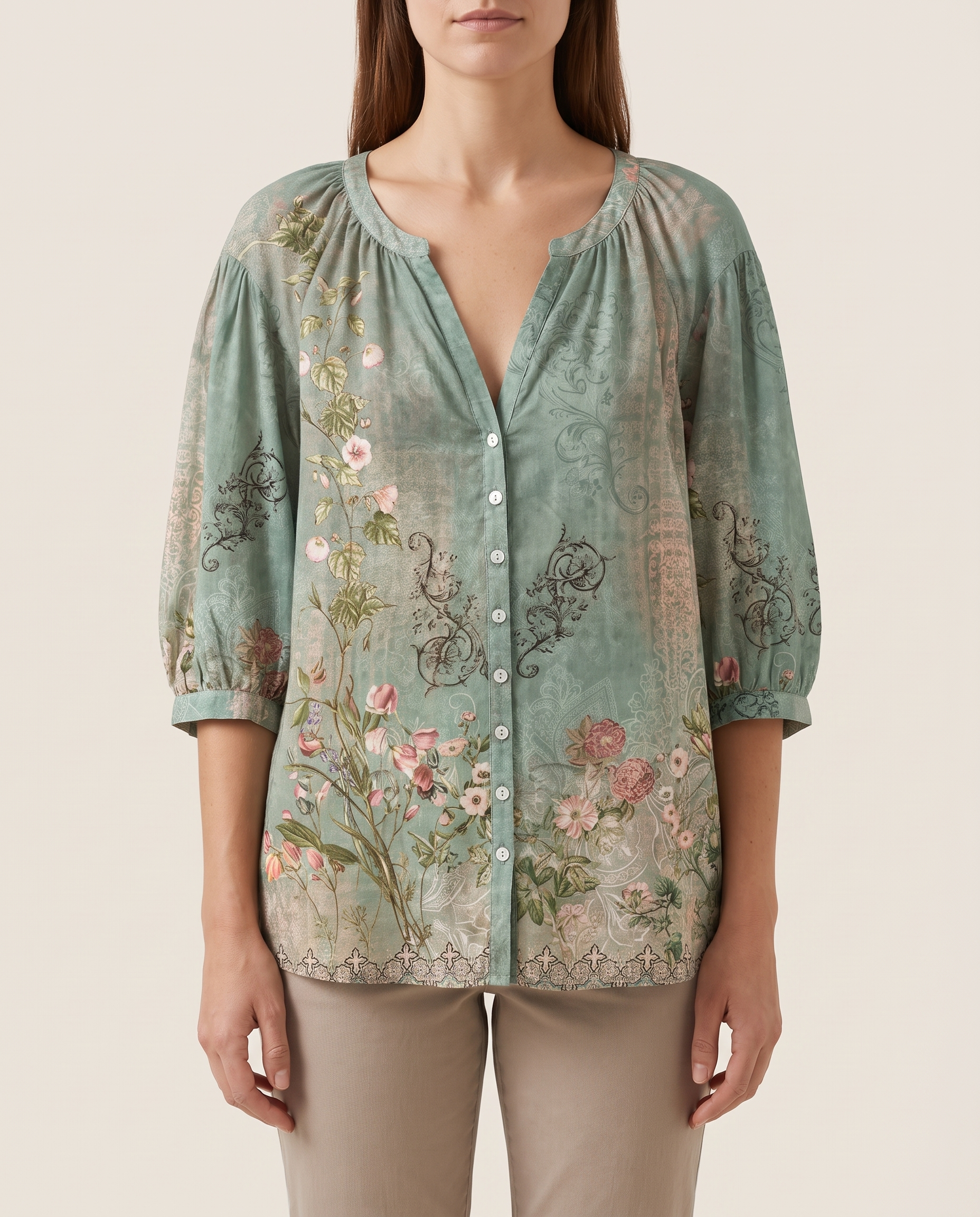 Brielle | Floral Button-Front Blouse — Green — studio front