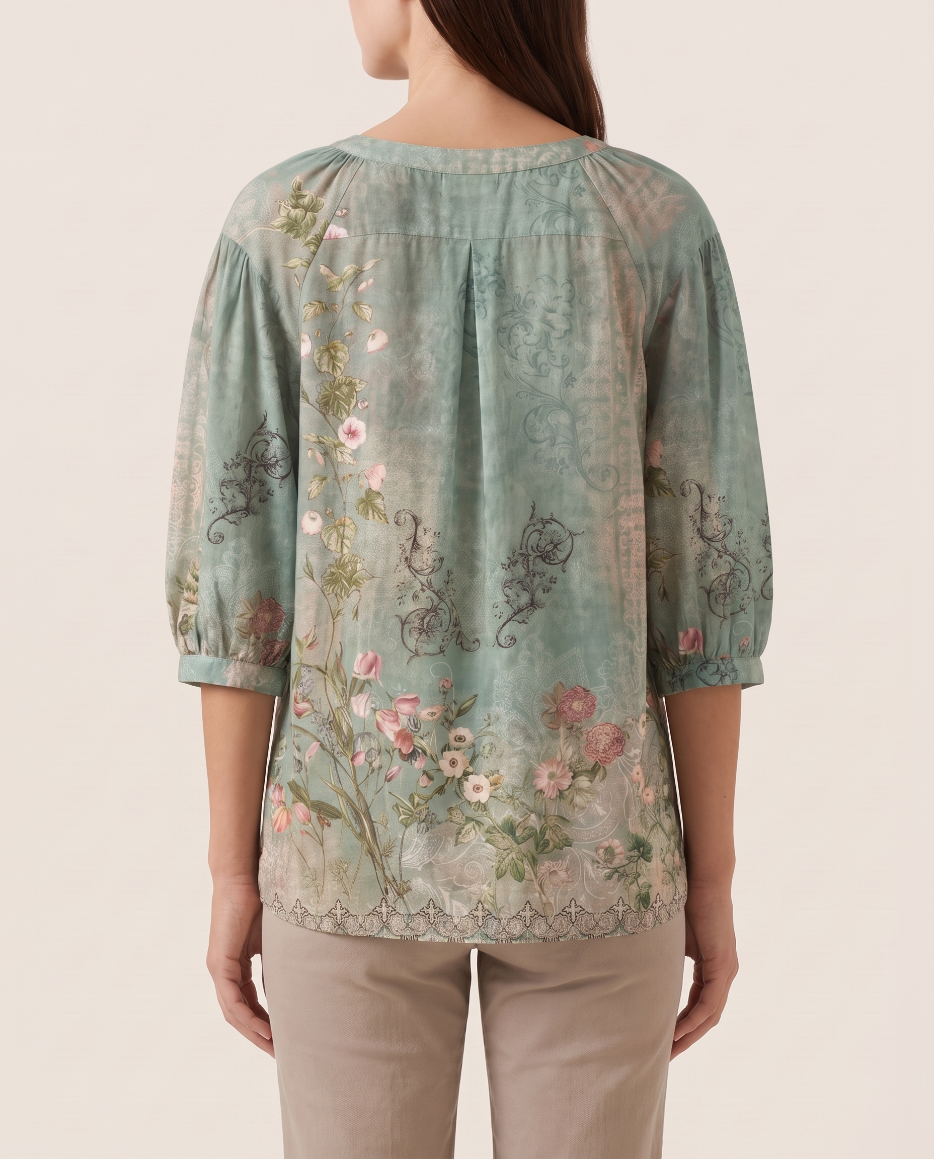 Brielle | Floral Button-Front Blouse — Green — back view