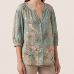 Brielle | Floral Button-Front Blouse — Green — studio three-quarter