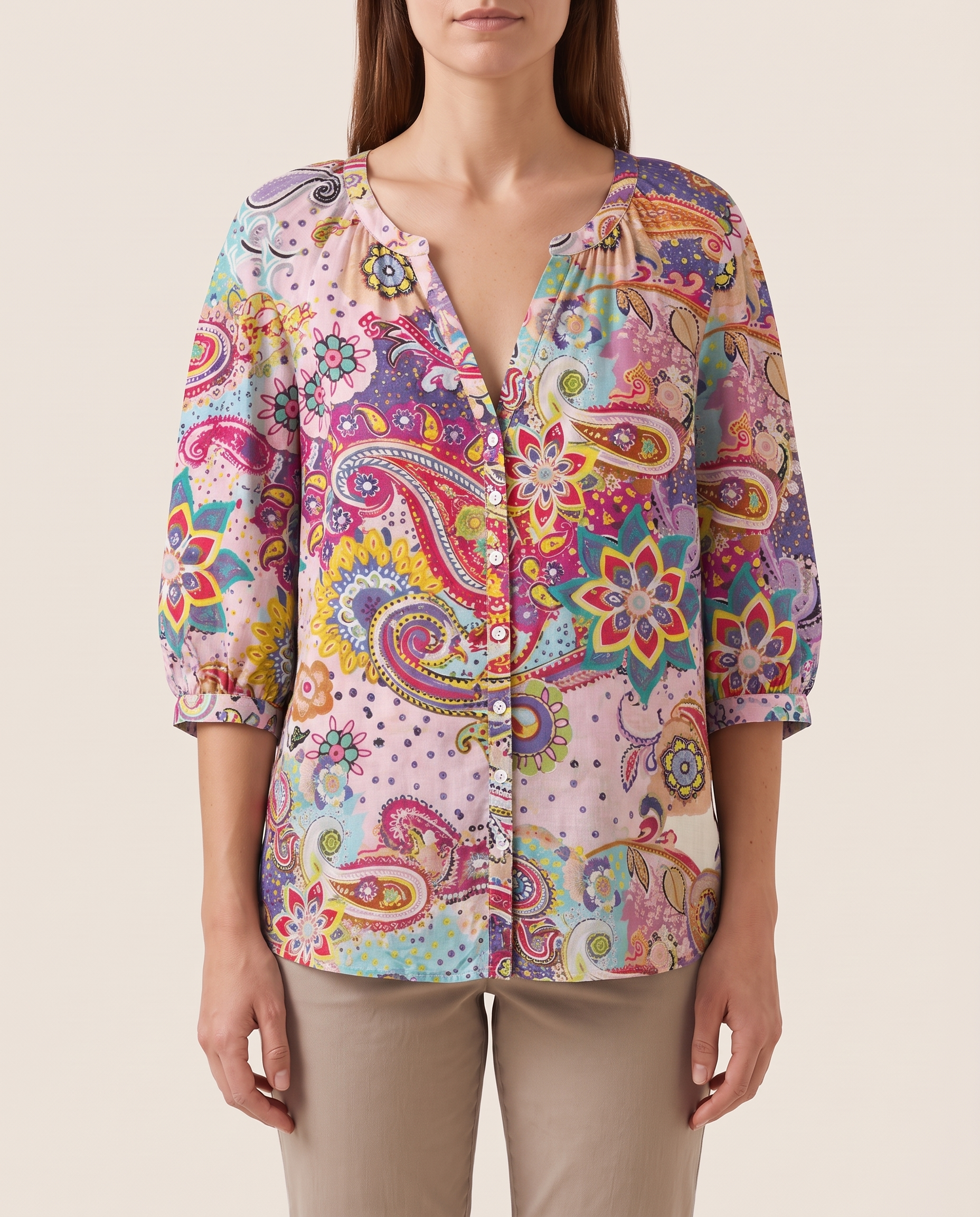 Brielle | Floral Button-Front Blouse — Pink — studio front