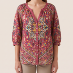 Brielle | Floral Button-Front Blouse — Red — studio front