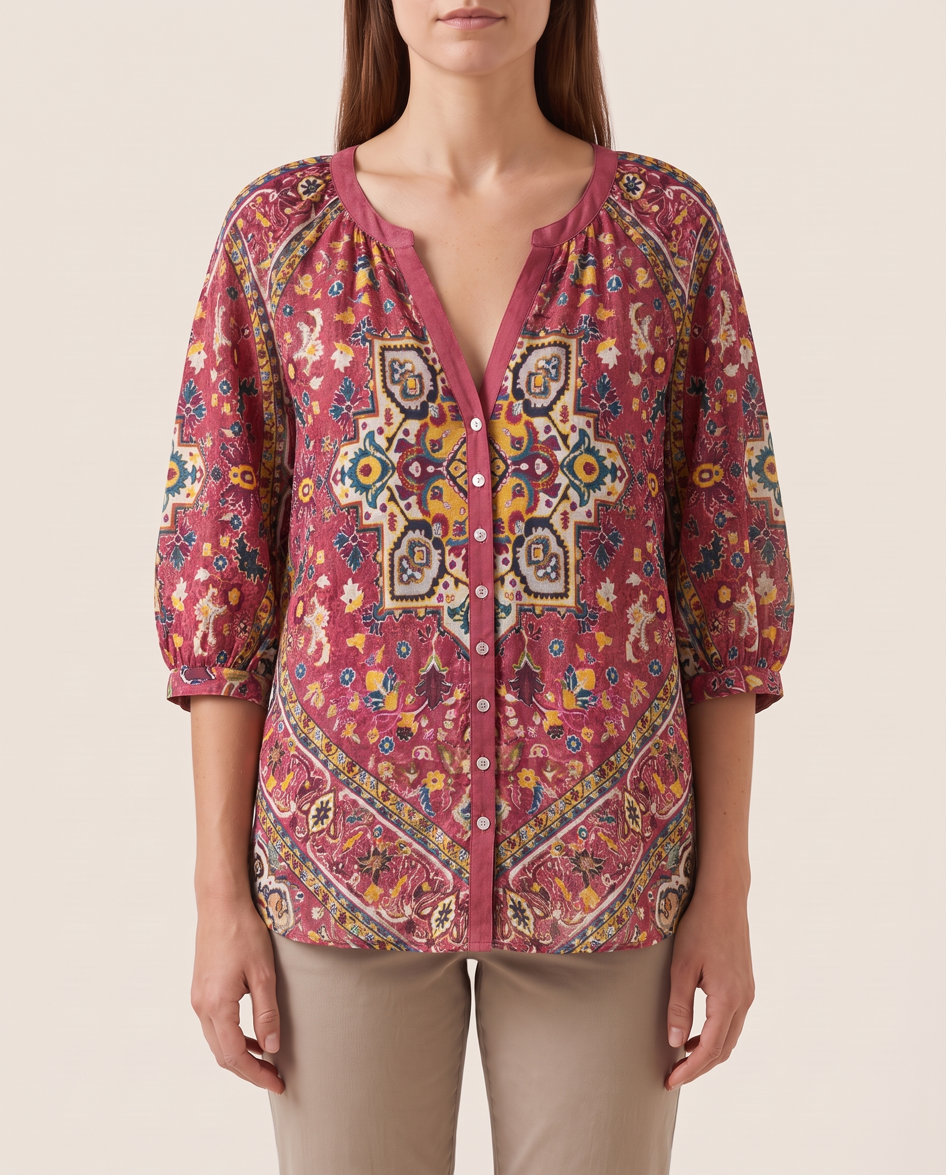 Brielle | Floral Button-Front Blouse — Red — studio front