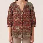 Brielle | Floral Button-Front Blouse — Brown — studio front