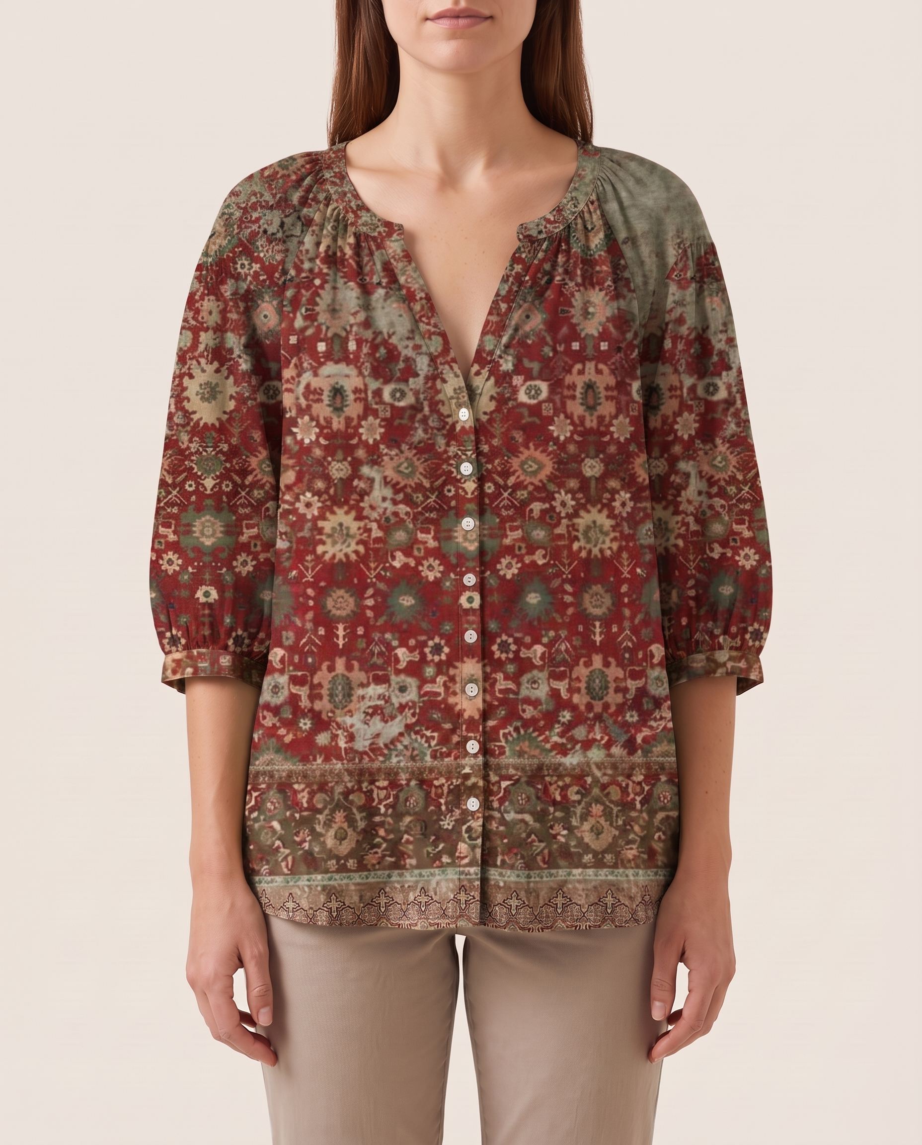 Brielle | Floral Button-Front Blouse — Brown — studio front