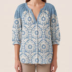 Brielle | Floral Button-Front Blouse — Blue — studio front