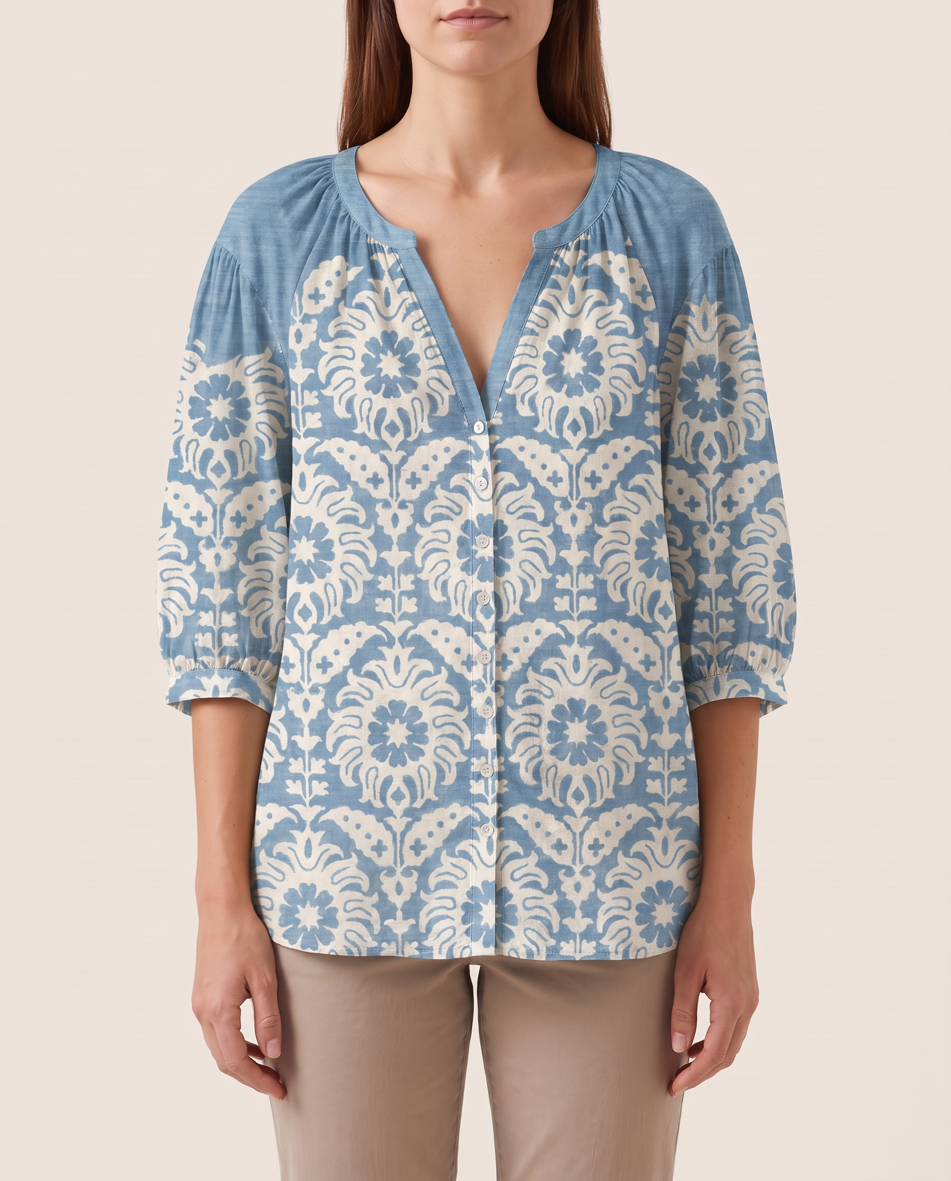 Brielle | Floral Button-Front Blouse — Blue — studio front