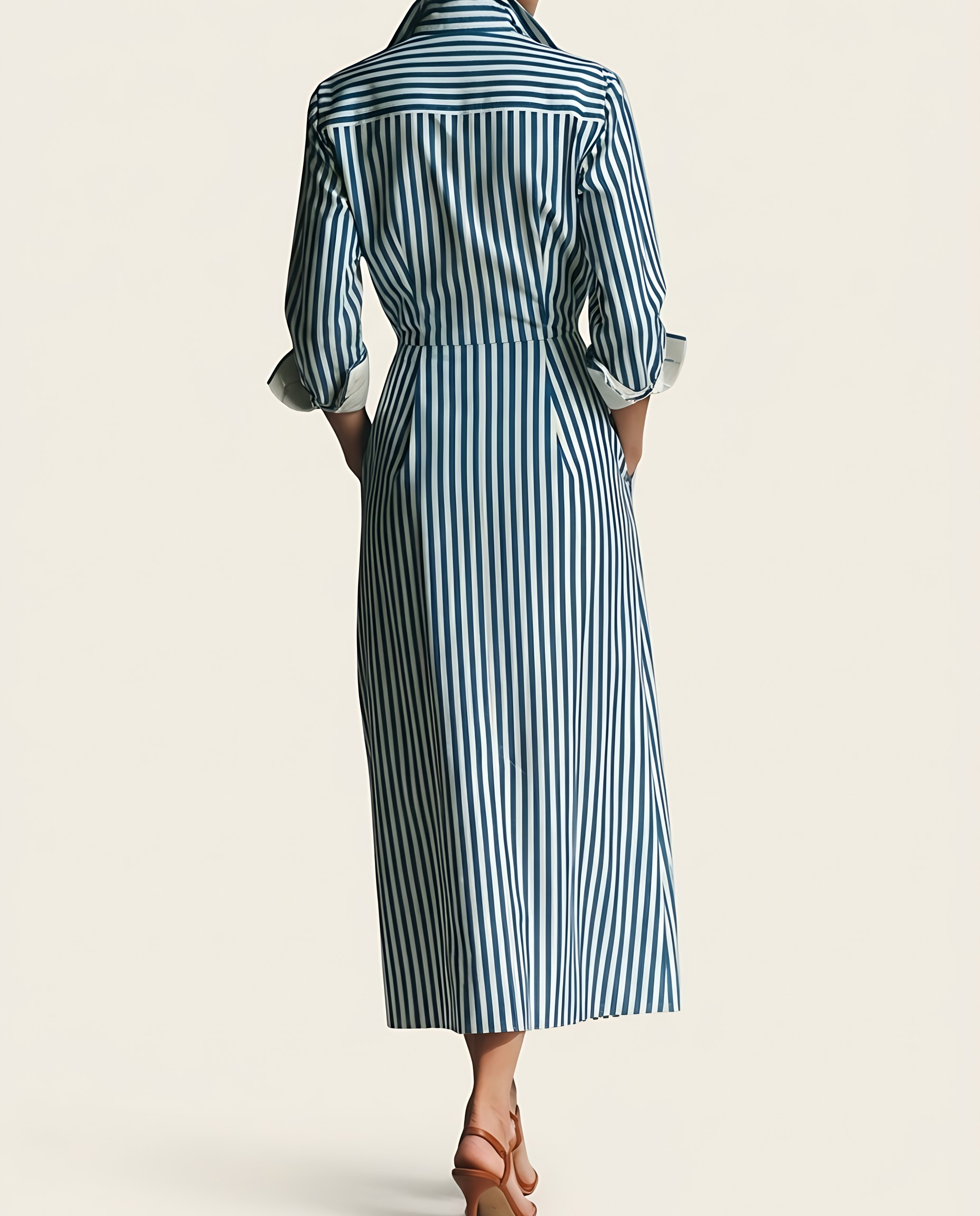 Brisa | Striped Chest-Pocket Shirt Dress — Blue and White — back view