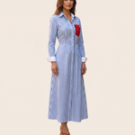 Brisa | Striped Chest-Pocket Shirt Dress — Blue and White — studio three-quarter