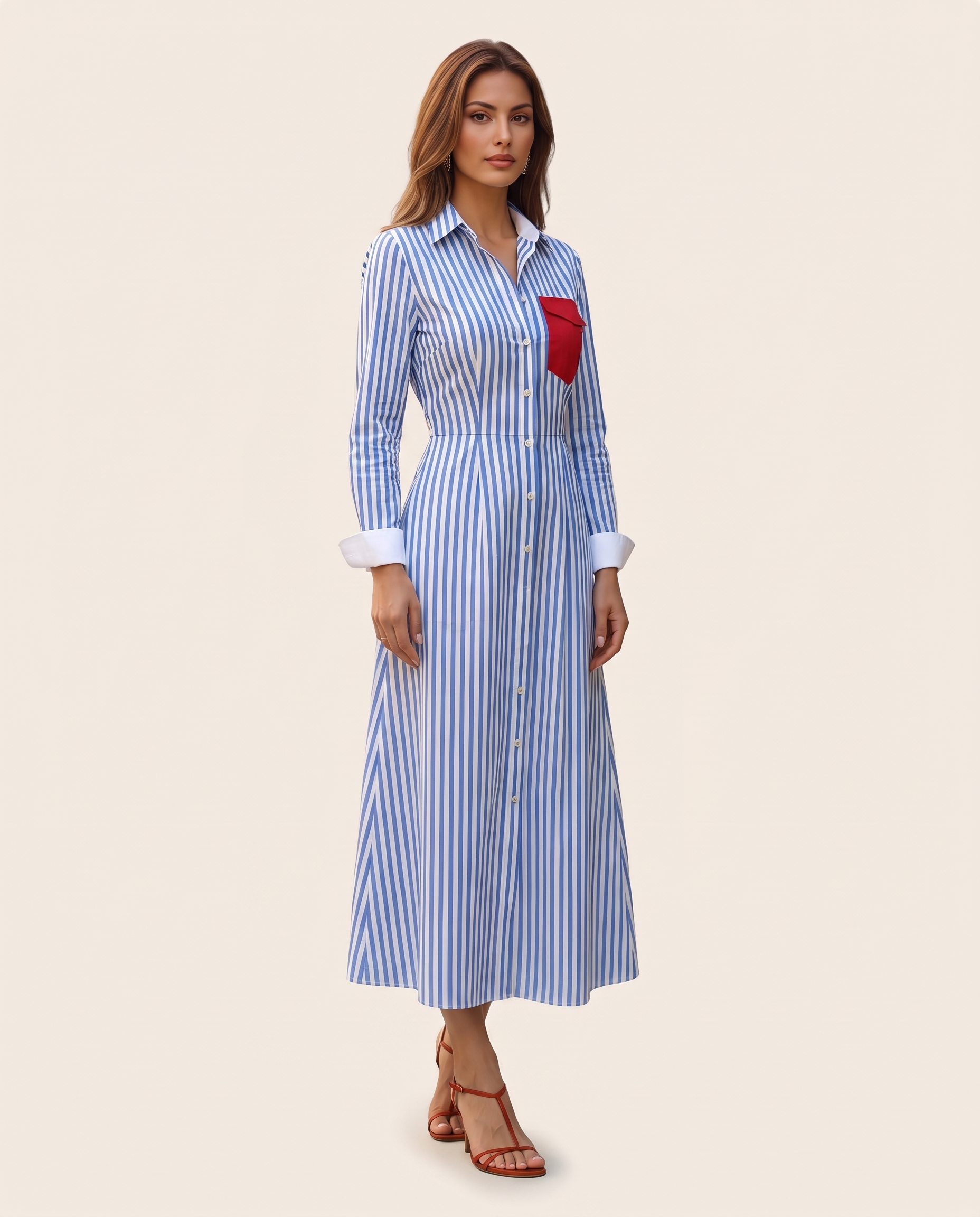 Brisa | Striped Chest-Pocket Shirt Dress — Blue and White — studio three-quarter