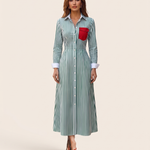 Brisa | Striped Chest-Pocket Shirt Dress — Green and White — studio front