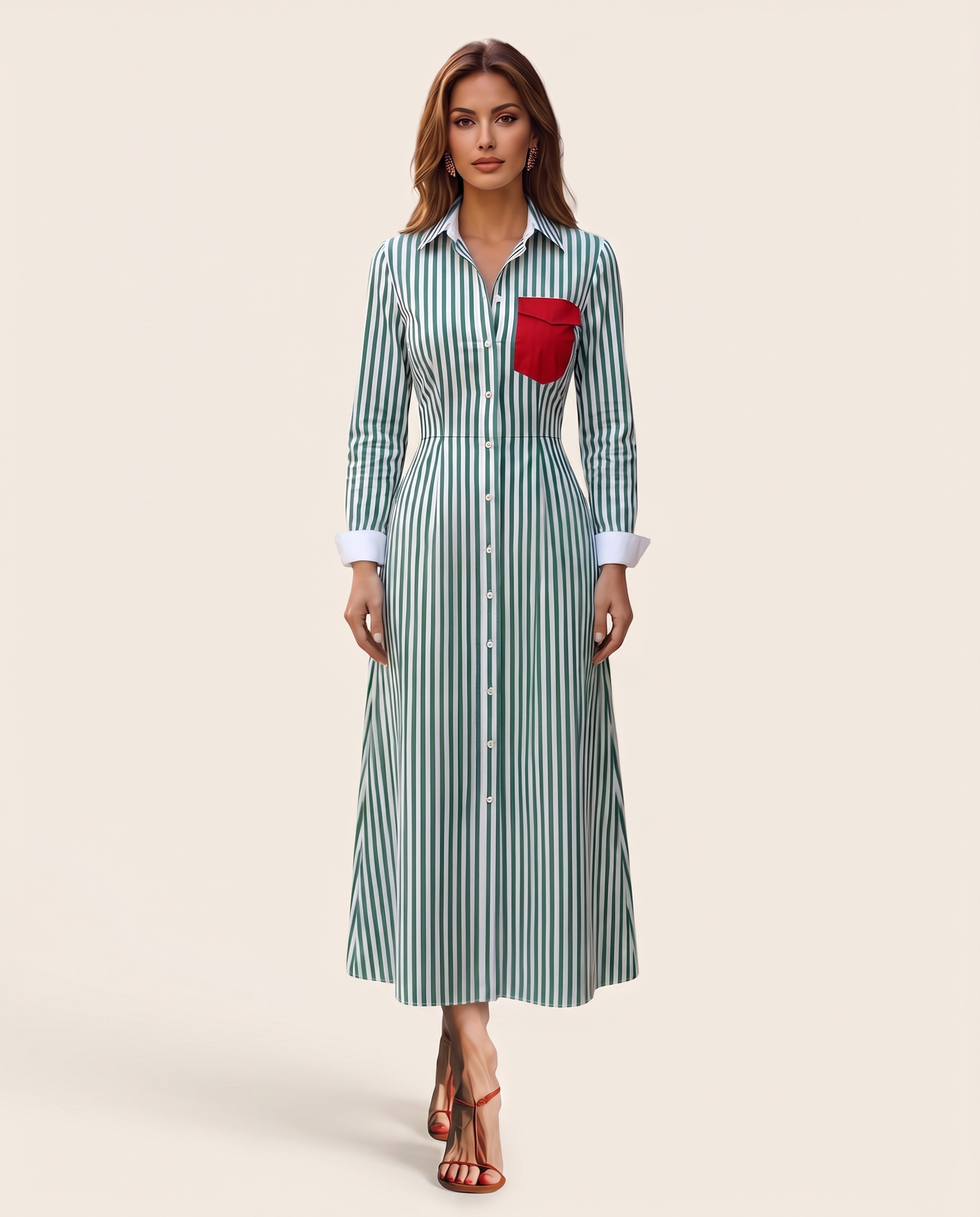 Brisa | Striped Chest-Pocket Shirt Dress — Green and White — studio front