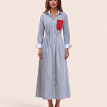 Striped Maxi Shirt Dress with Chest Pocket — Blue and White studio front view