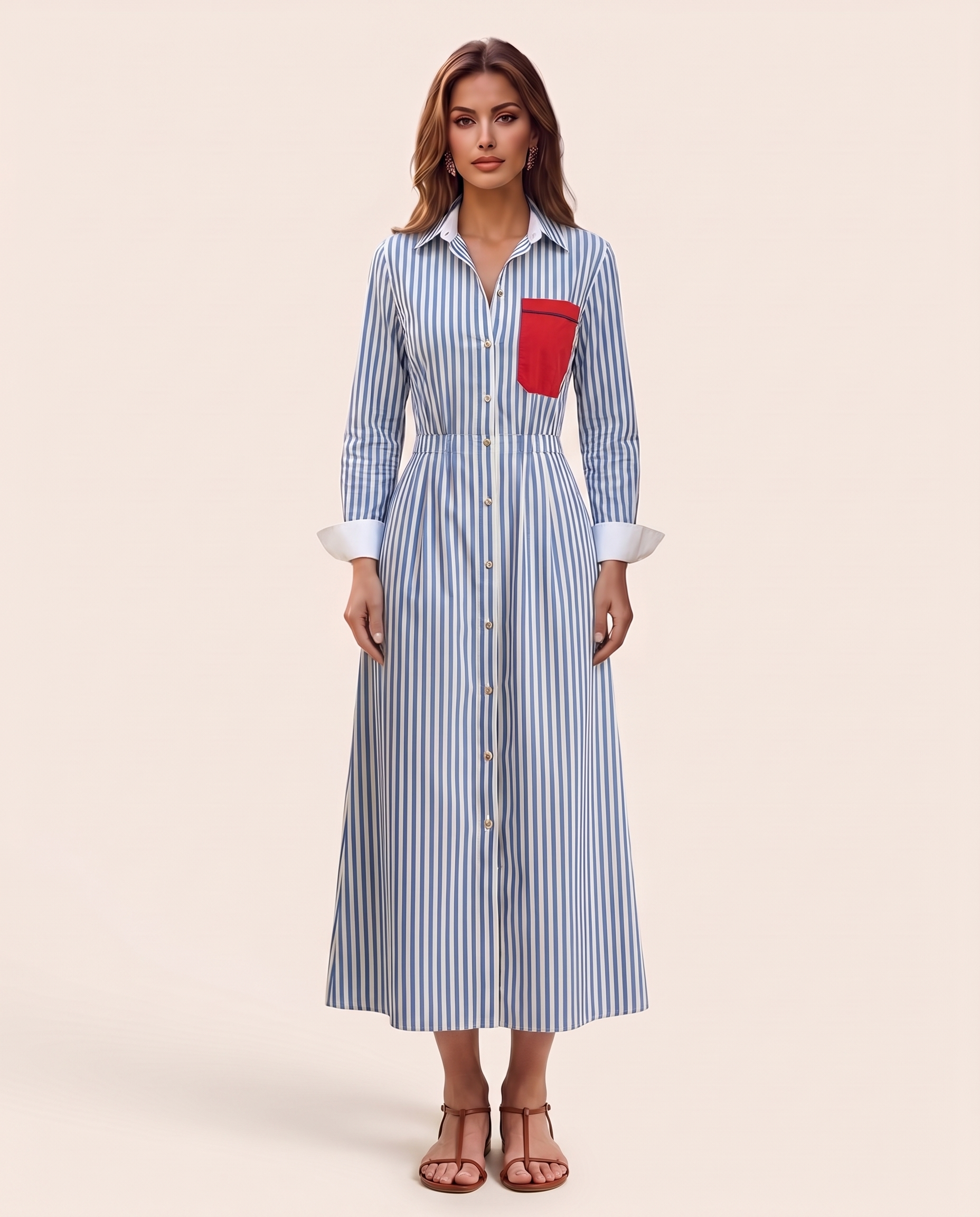 Striped Maxi Shirt Dress with Chest Pocket — Blue and White studio front view