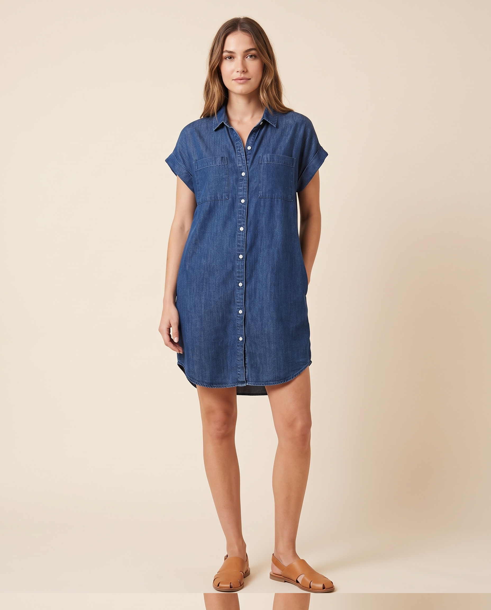 Button-Front Denim Shirt Mini Dress – Deep Blue studio front