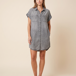 Button-Front Denim Shirt Mini Dress – Grey studio front