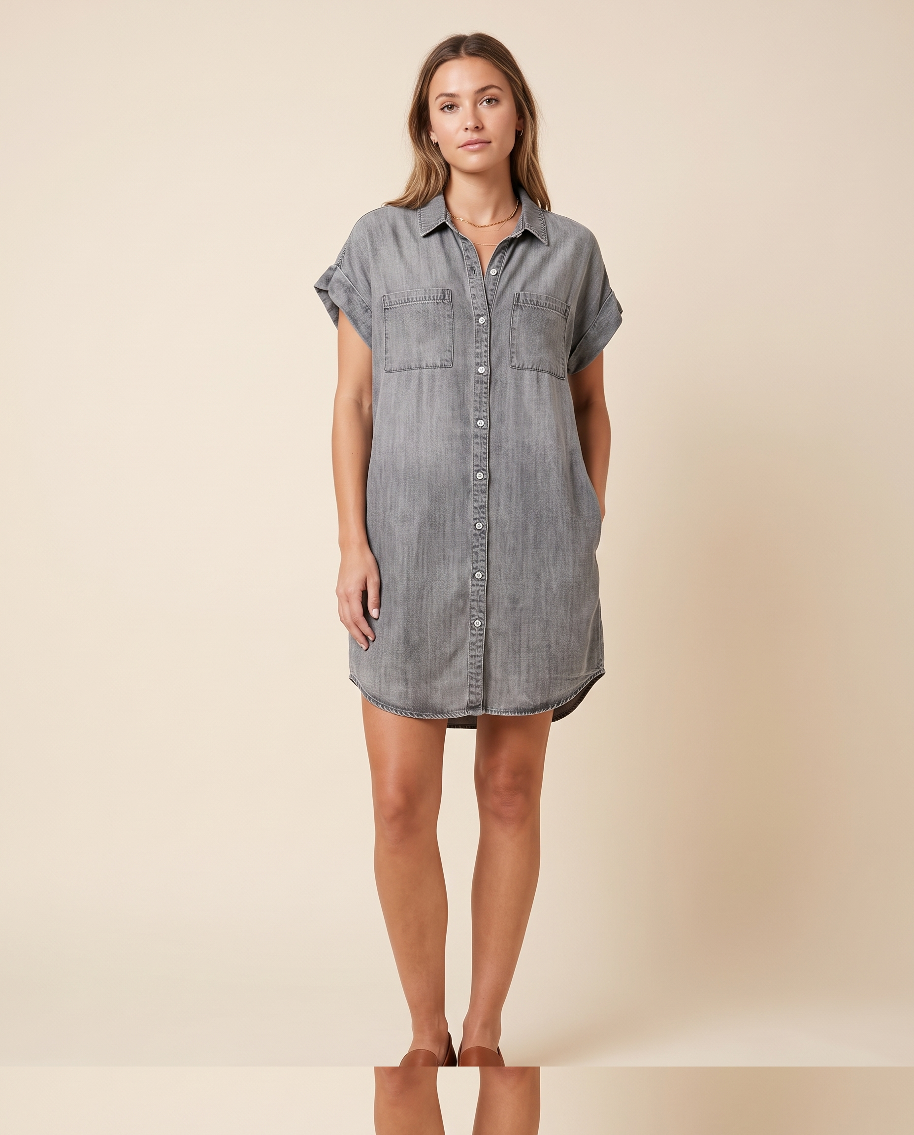 Button-Front Denim Shirt Mini Dress – Grey studio front