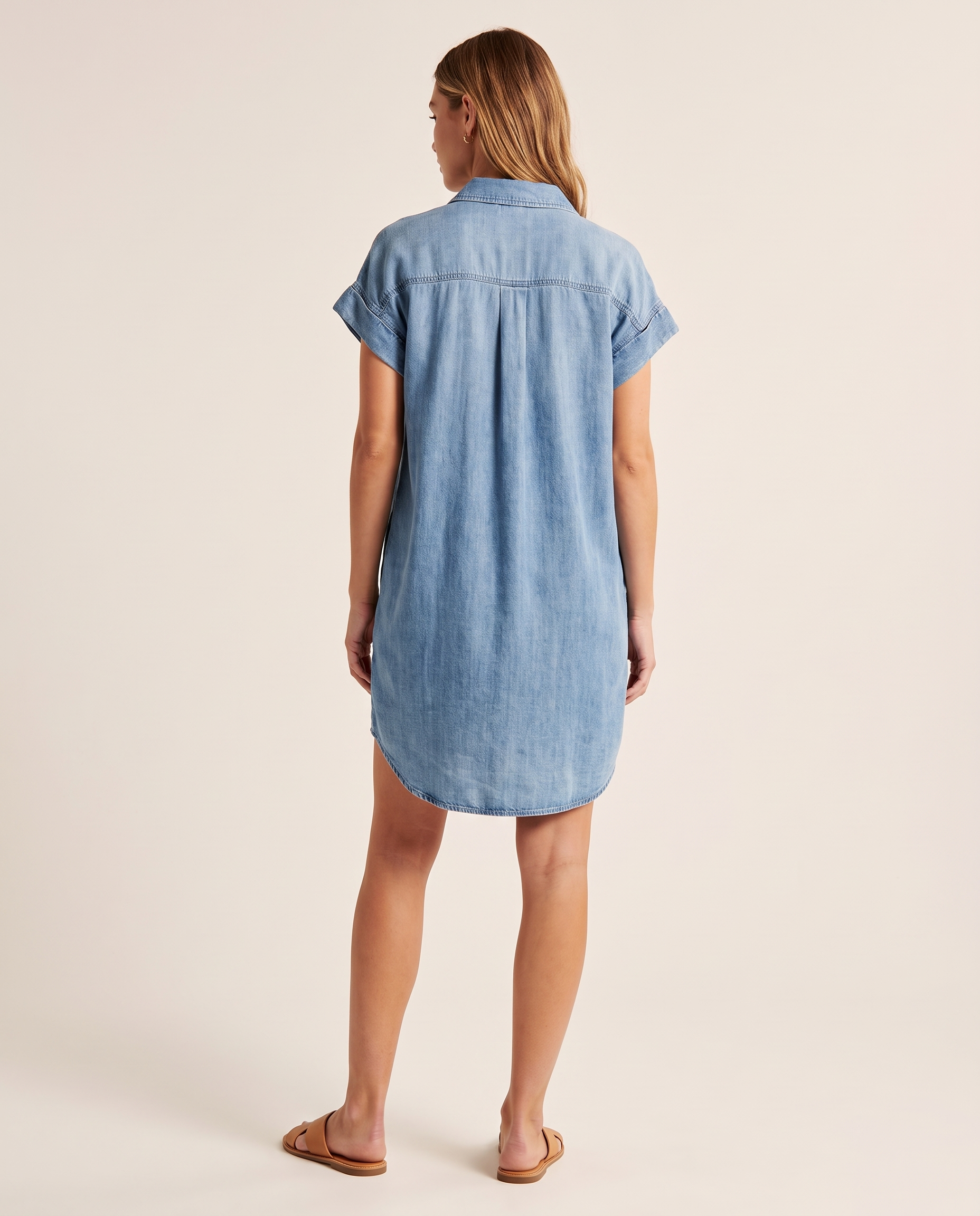 Button-Front Denim Shirt Mini Dress – Light Blue true back