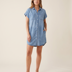 Button-Front Denim Shirt Mini Dress – Light Blue studio front