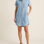 Button-Front Denim Shirt Mini Dress – Light Blue three-quarter