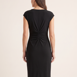 Camille Ruched-Waist Knee-Length Dress — full-length studio back view on a warm ivory seamless background