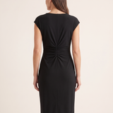 Camille Ruched-Waist Knee-Length Dress — full-length studio back view on a warm ivory seamless background