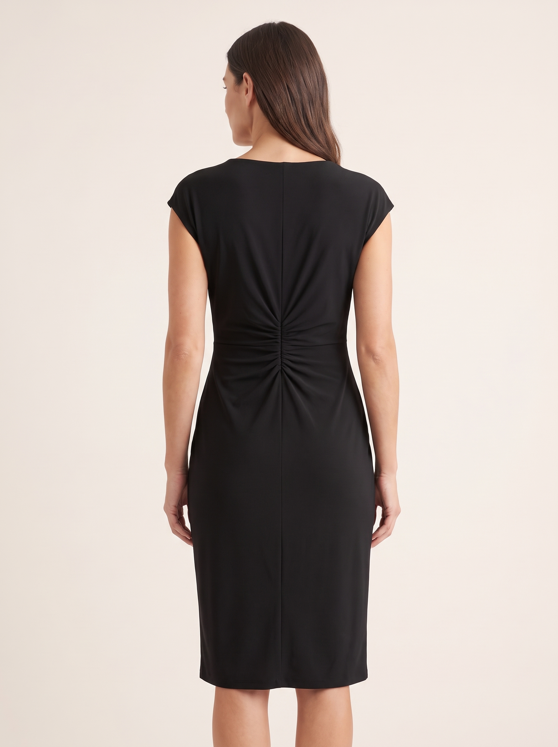Camille Ruched-Waist Knee-Length Dress — full-length studio back view on a warm ivory seamless background