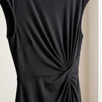 Camille Ruched-Waist Knee-Length Dress — tight editorial product detail showing the fabric texture, stitching, neckline and construction