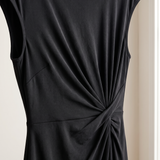Camille Ruched-Waist Knee-Length Dress — tight editorial product detail showing the fabric texture, stitching, neckline and construction
