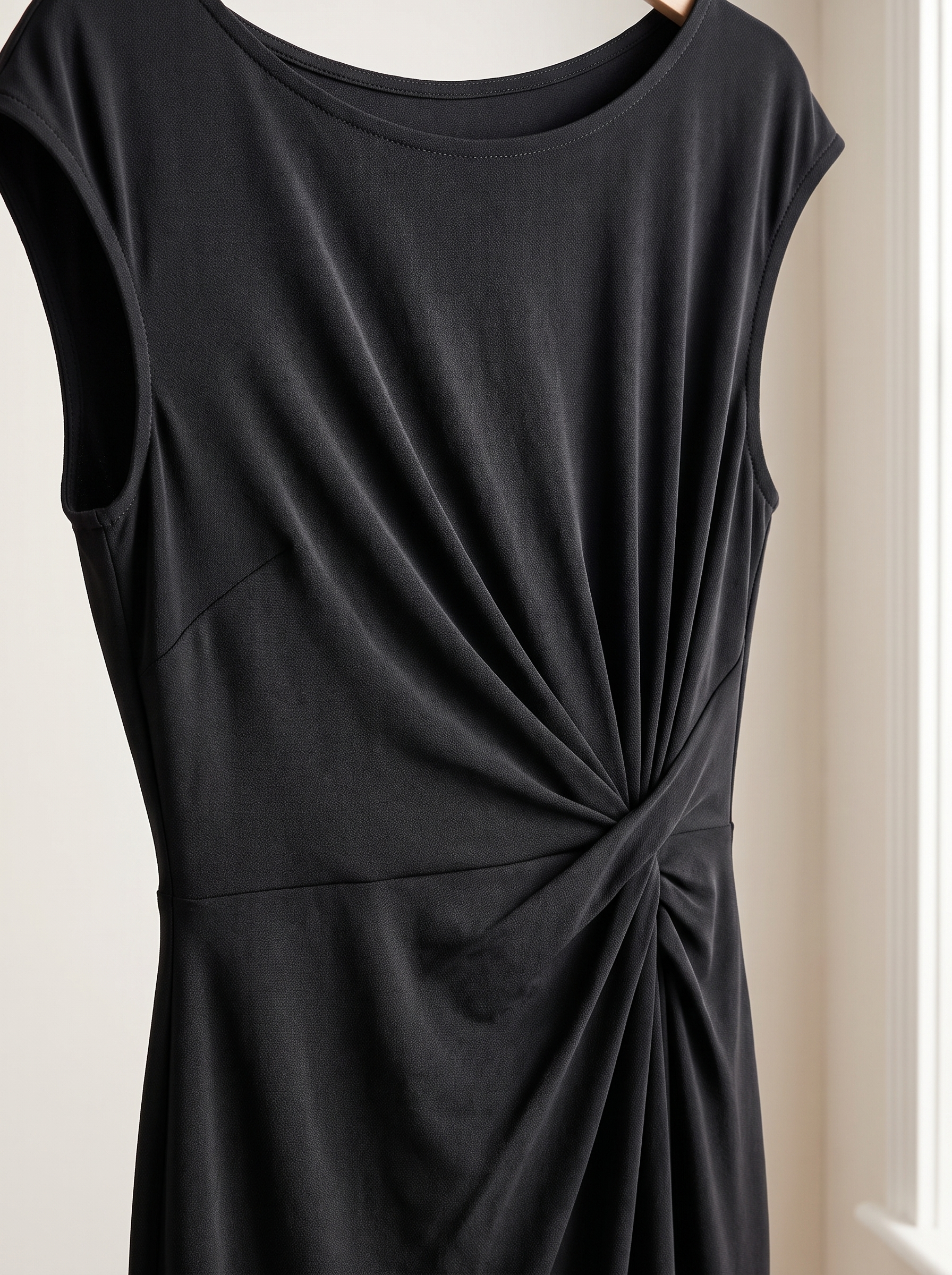 Camille Ruched-Waist Knee-Length Dress — tight editorial product detail showing the fabric texture, stitching, neckline and construction