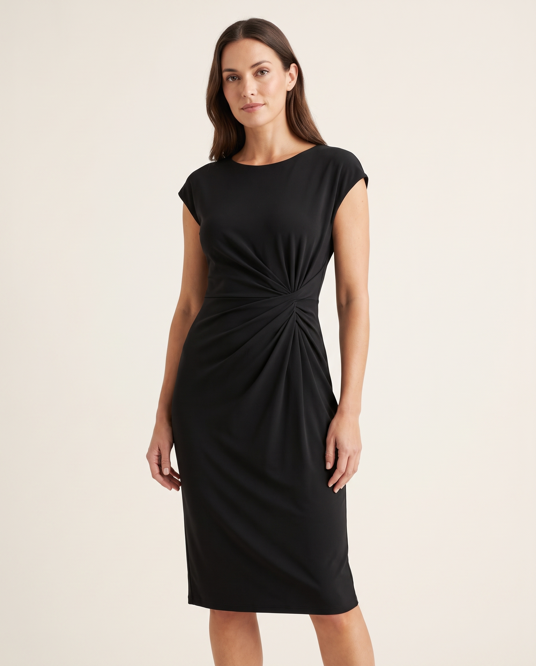 Camille Ruched-Waist Knee-Length Dress – studio front view
