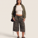 Camo Print Drawstring Cargo Shorts – Baggy Knee Length Casual Shorts — main view