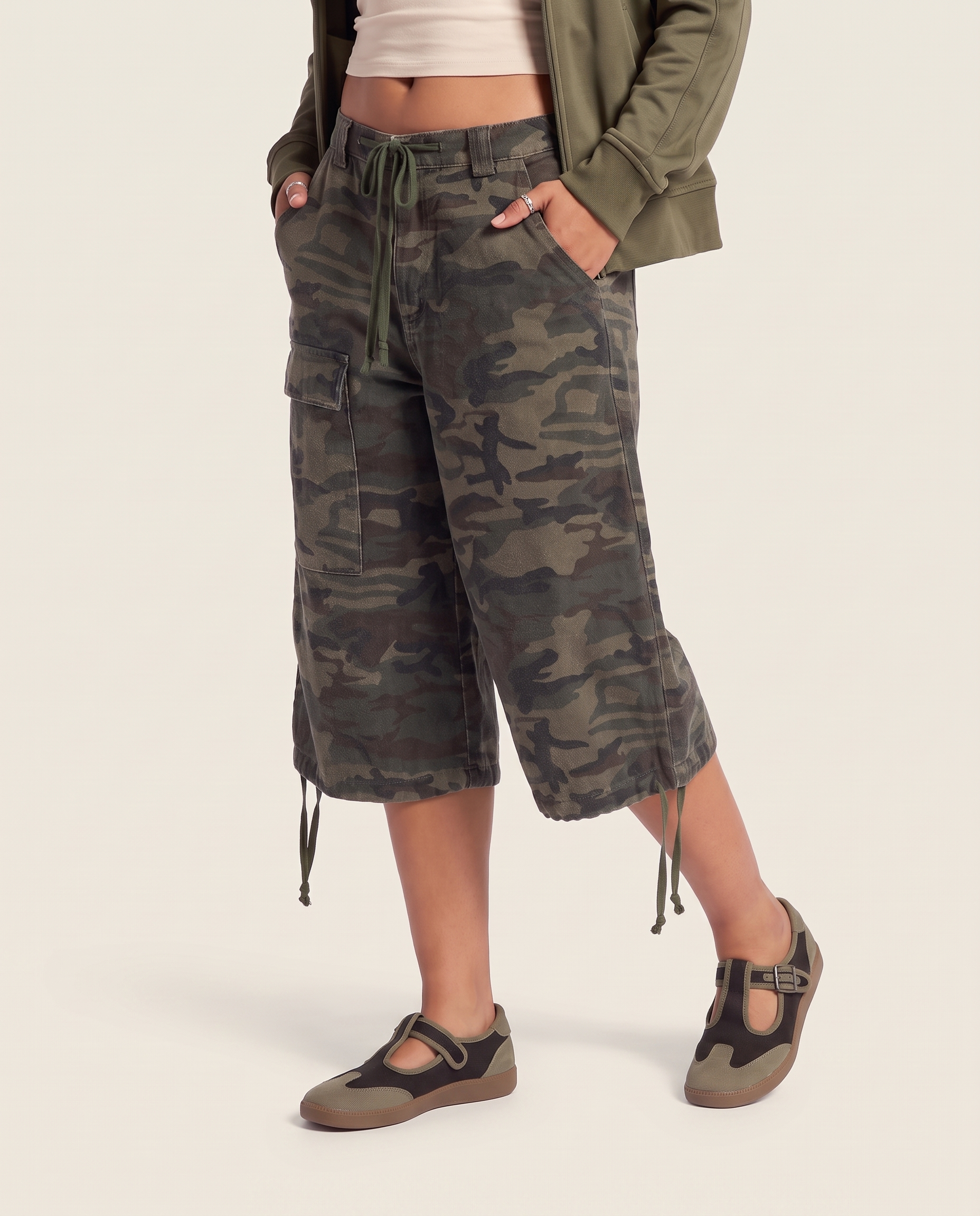 Camo Print Drawstring Cargo Shorts – Baggy Knee Length Casual Shorts — product view 5