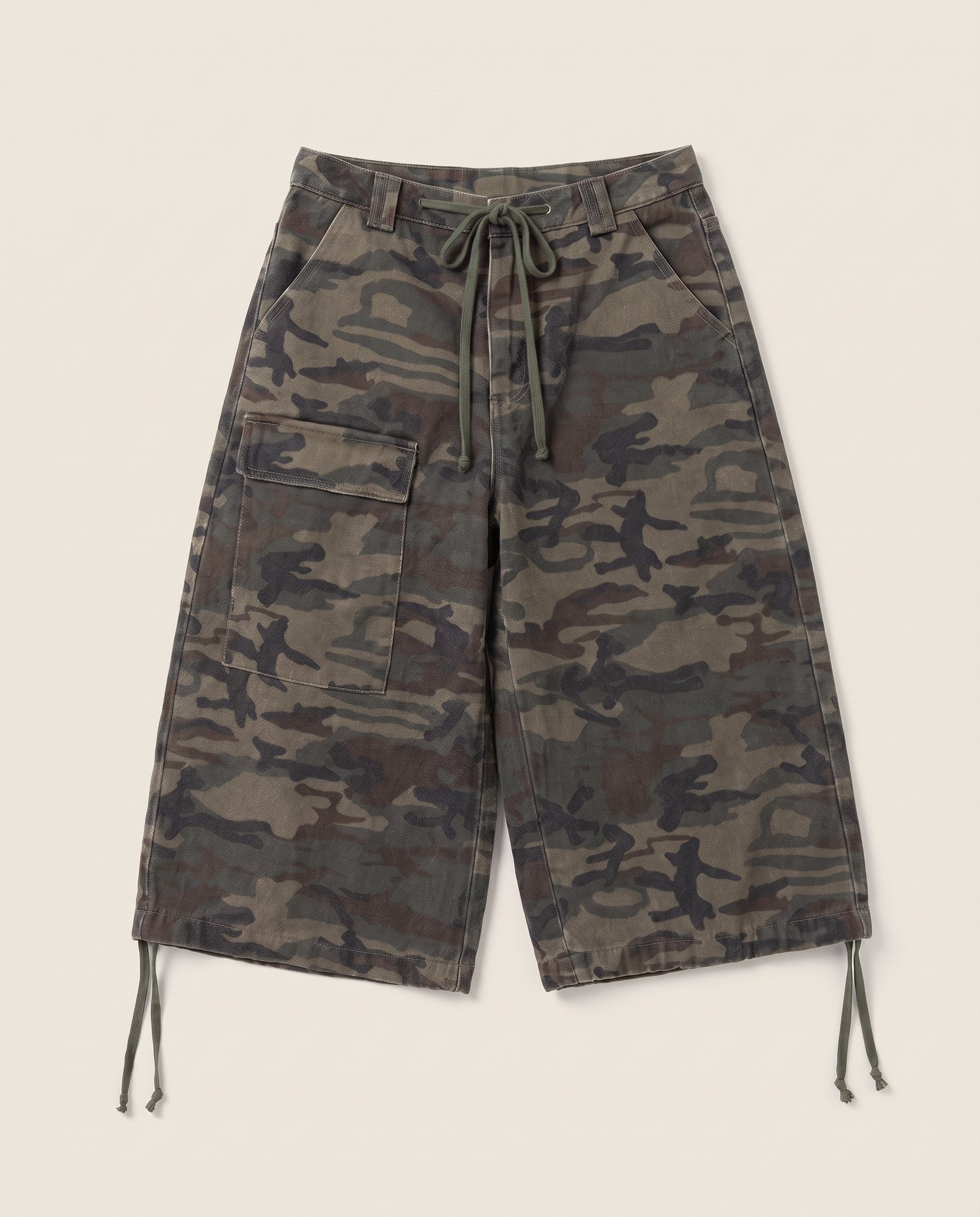 Camo Print Drawstring Cargo Shorts – Baggy Knee Length Casual Shorts — product view 6