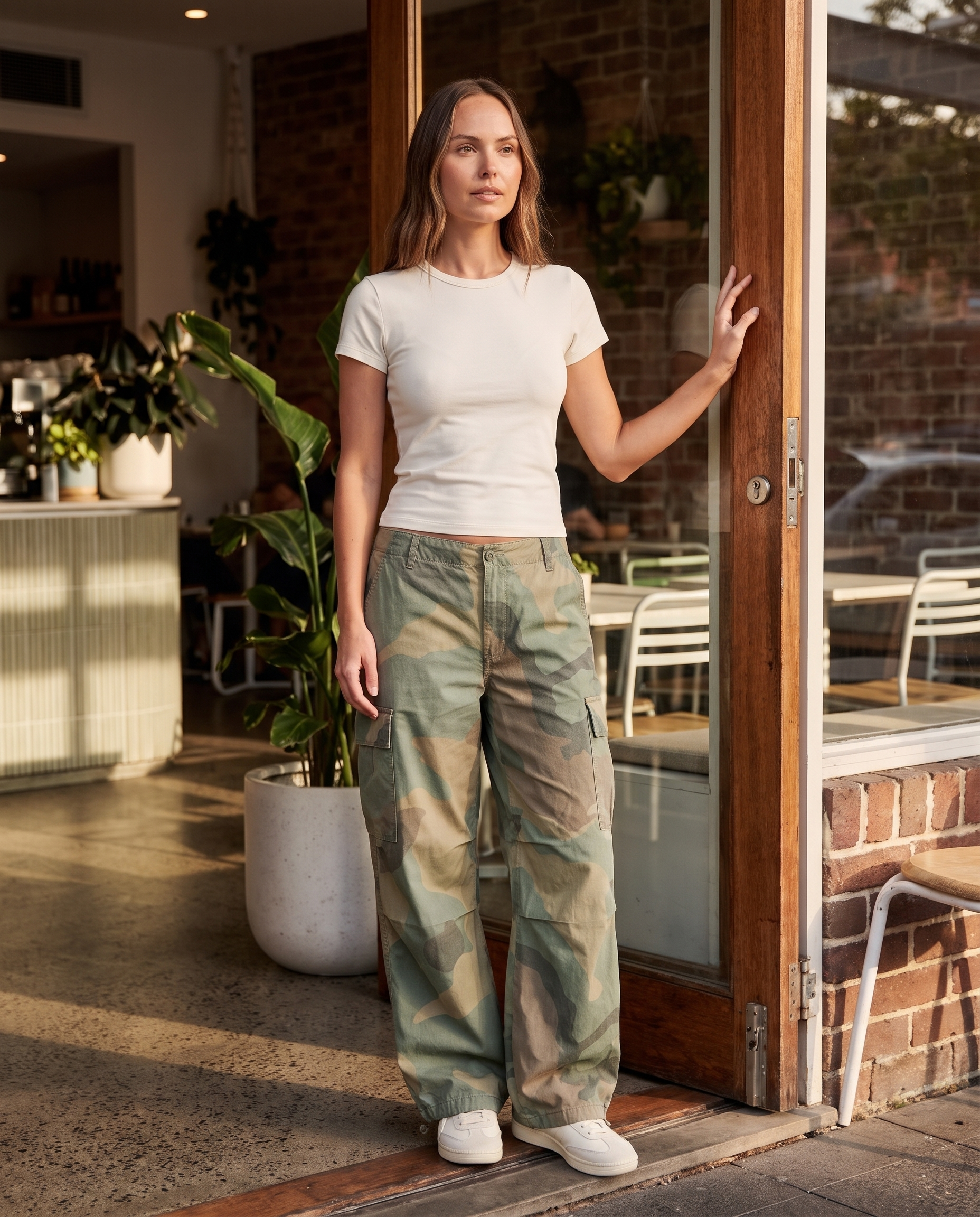 Camouflage Wide Leg Cargo Pants in Camouflage – three-quarter lifestyle