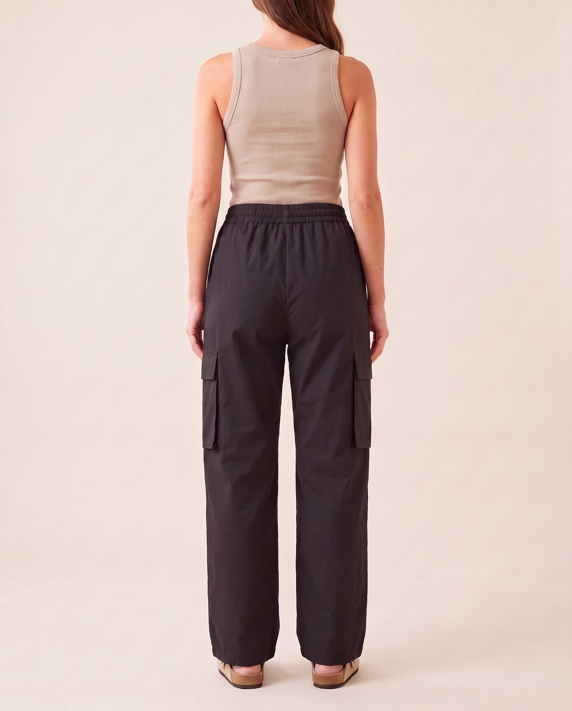 Cargo Pants with Pockets in Black, studio back view