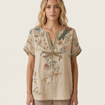 Carolina | Embroidered Dragonfly Statement Blouse — Beige — studio front