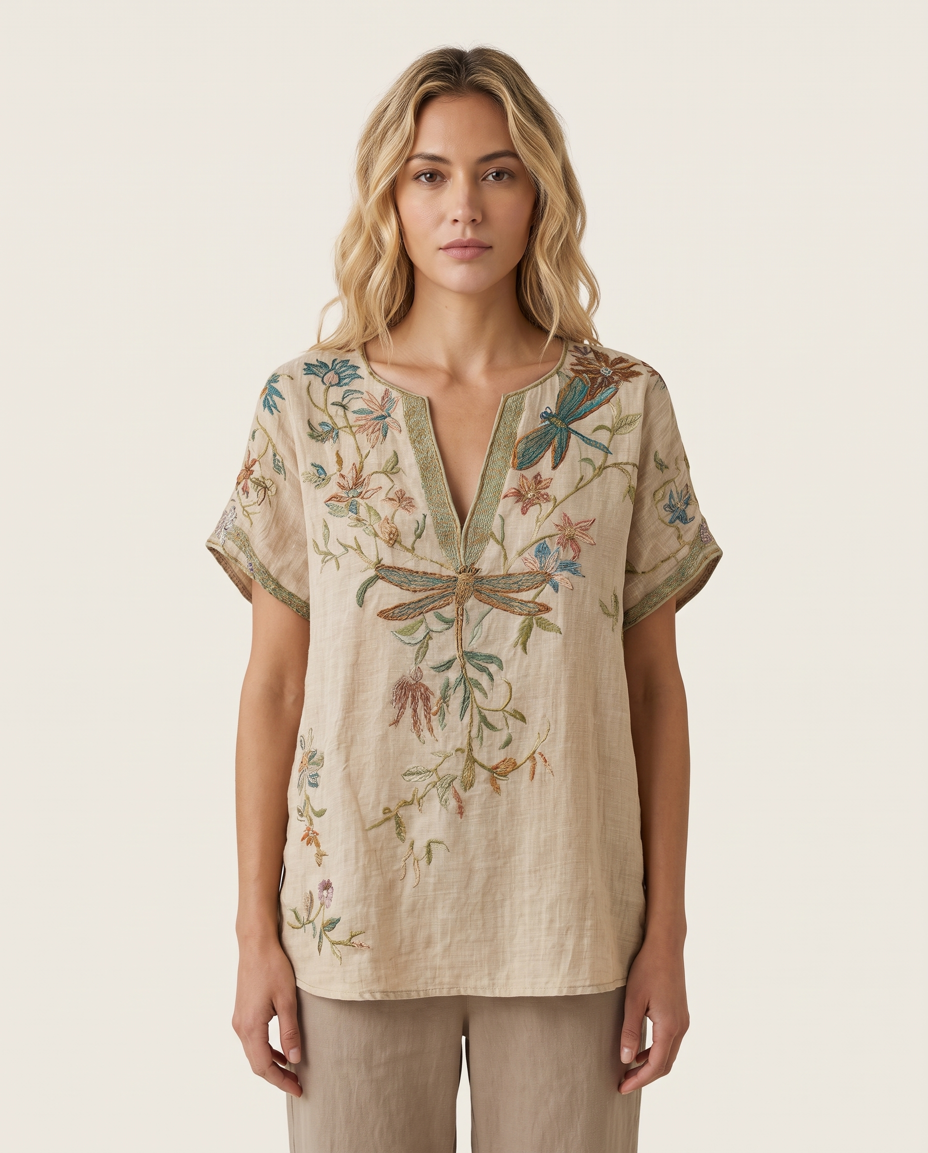 Carolina | Embroidered Dragonfly Statement Blouse — Beige — studio front
