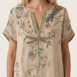 Carolina | Embroidered Dragonfly Statement Blouse — Beige — fabric detail