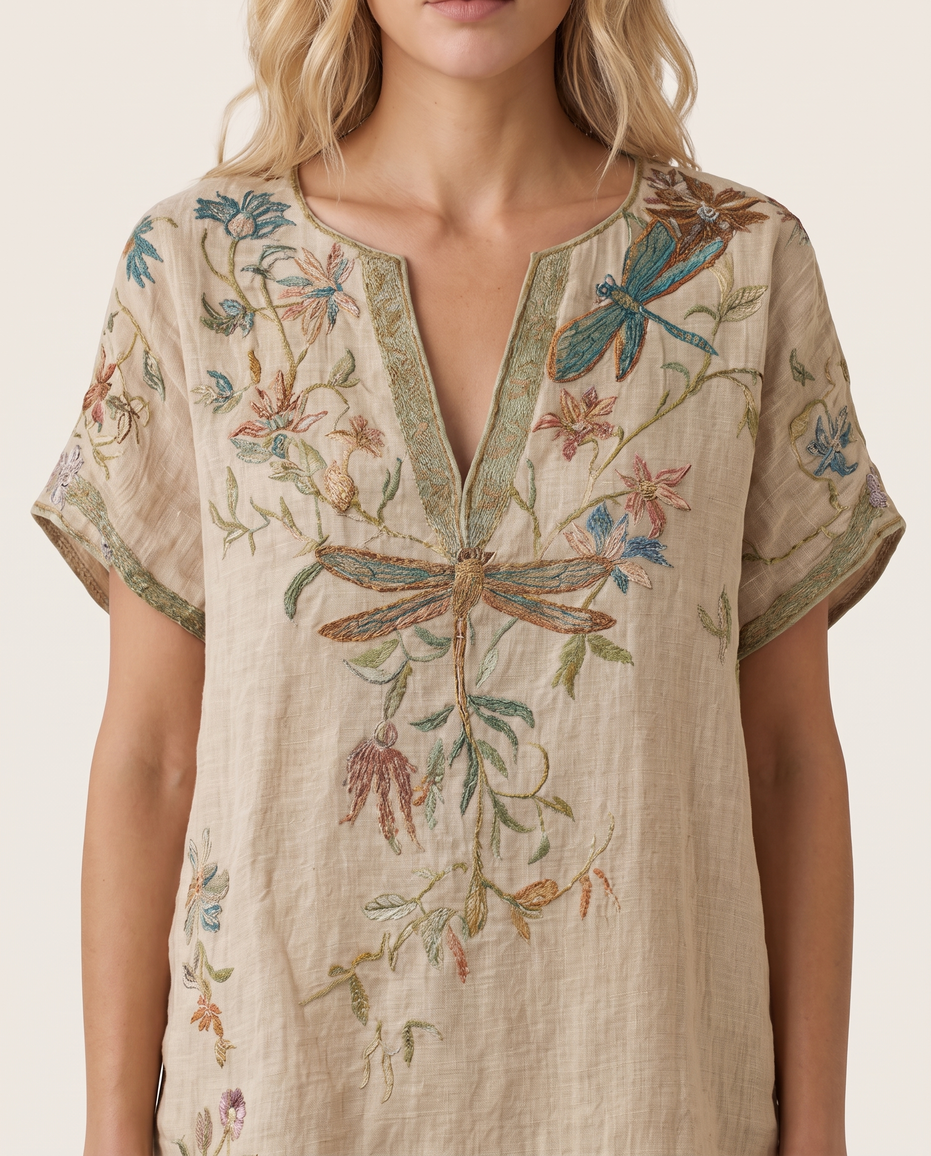 Carolina | Embroidered Dragonfly Statement Blouse — Beige — fabric detail