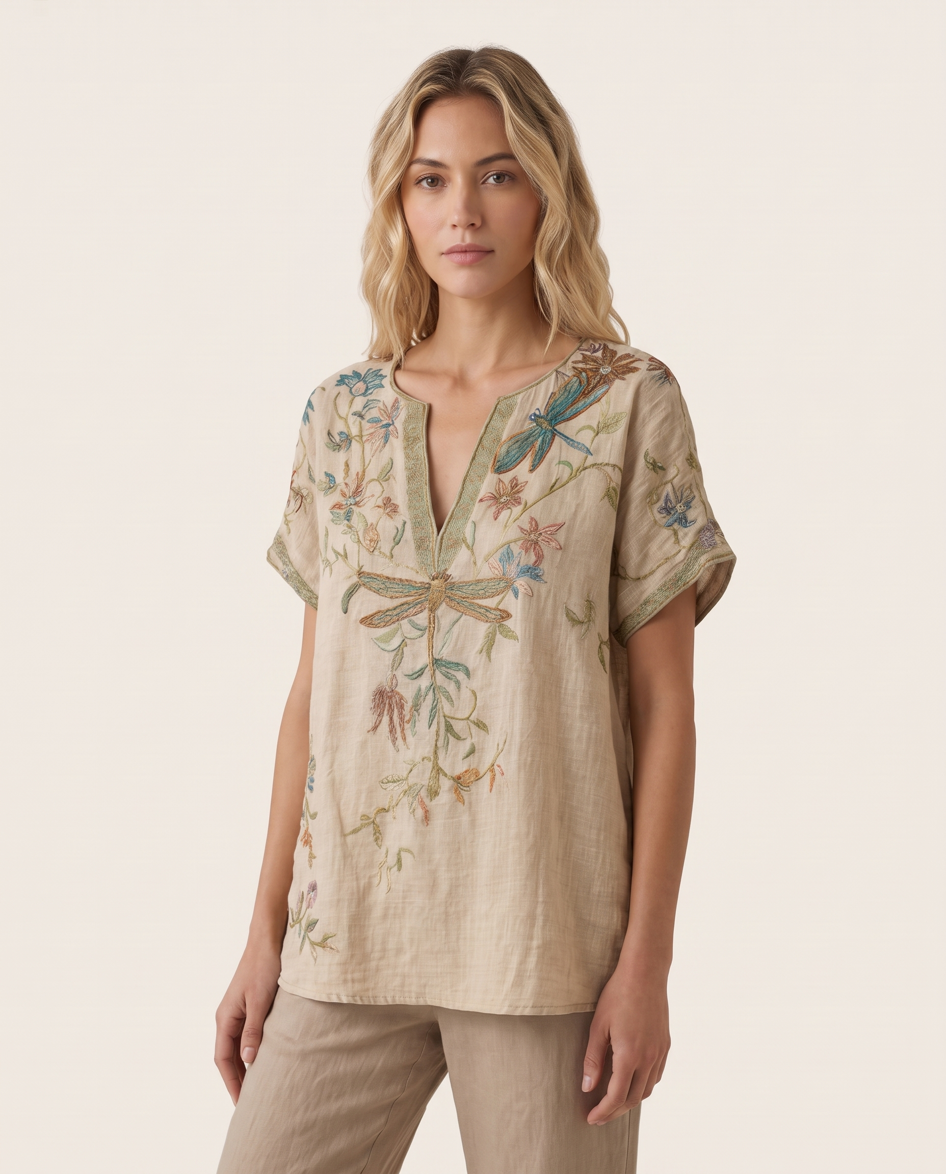 Carolina | Embroidered Dragonfly Statement Blouse — Beige — studio three-quarter