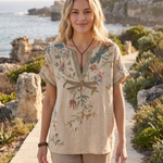 Carolina | Embroidered Dragonfly Statement Blouse — Beige — coastal lifestyle