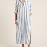Casual Maxi Shirt Dress with Stripe Pattern and Pockets — Blue — studio front