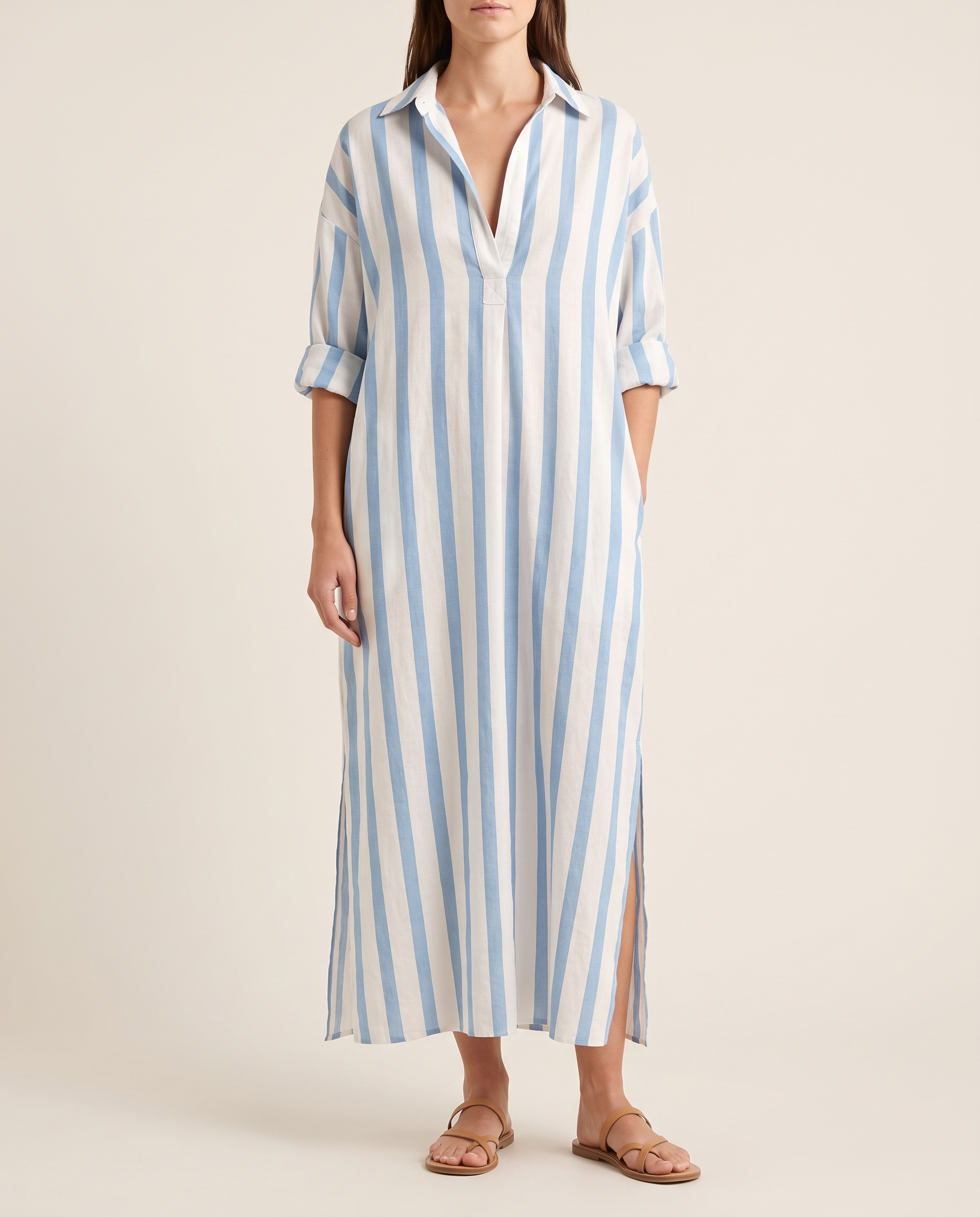 Casual Maxi Shirt Dress with Stripe Pattern and Pockets — Blue — studio front