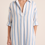 Casual Maxi Shirt Dress with Stripe Pattern and Pockets — Blue — fabric detail
