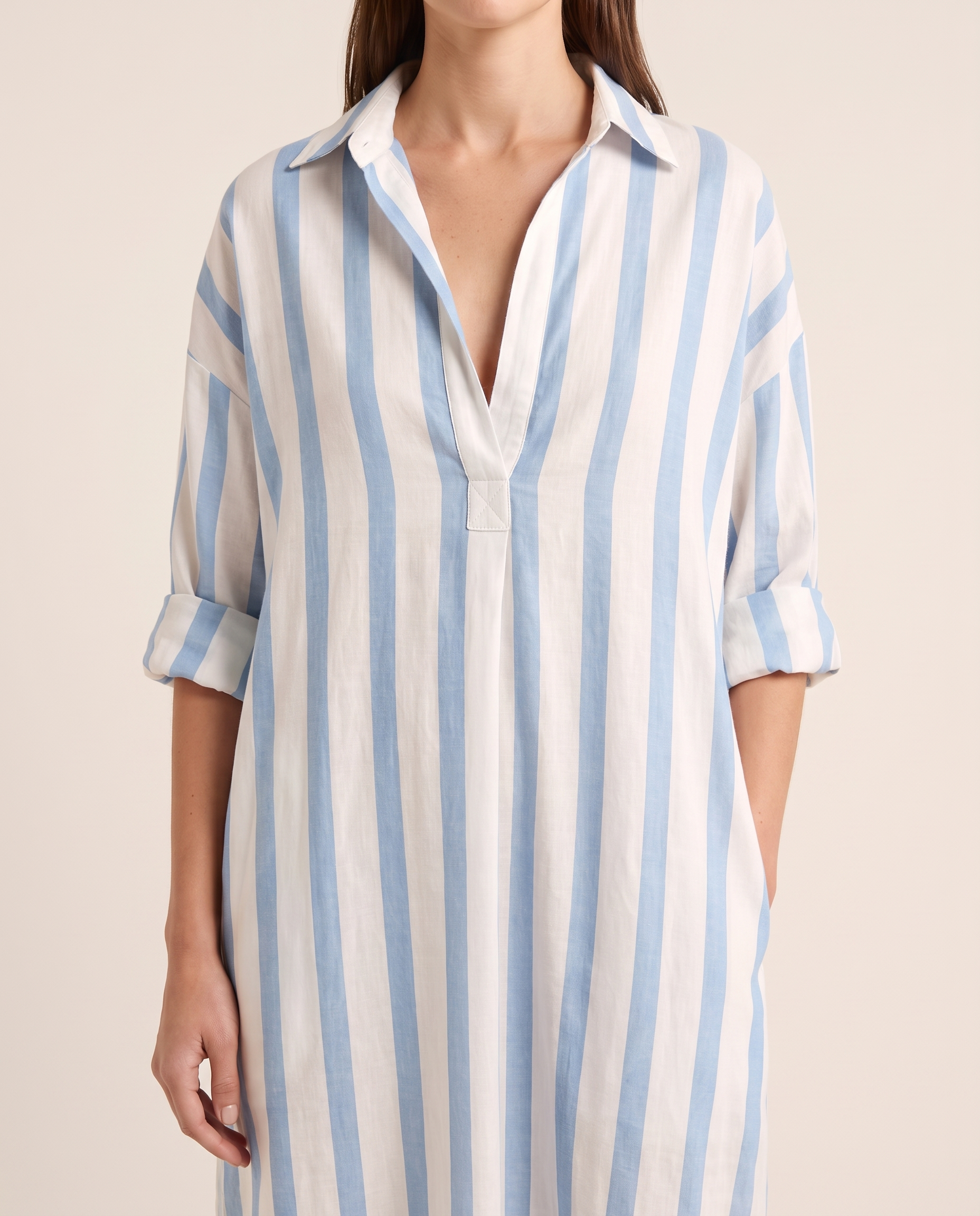 Casual Maxi Shirt Dress with Stripe Pattern and Pockets — Blue — fabric detail