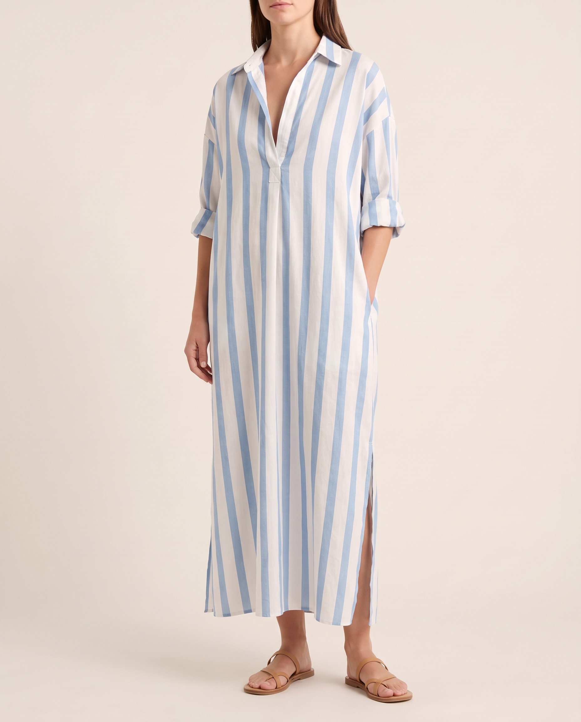 Casual Maxi Shirt Dress with Stripe Pattern and Pockets — Blue — studio three-quarter