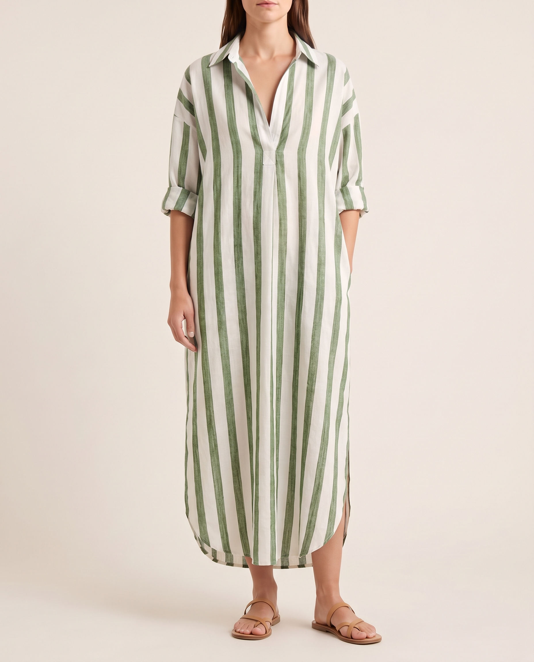 Casual Maxi Shirt Dress with Stripe Pattern and Pockets — Green — studio front